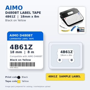 AIMO 4B61Z סרט מדבקה שחור על צהוב 18 מ"מ 8 מטר - מתאים ל-D480BT