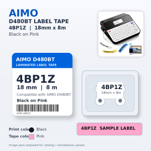 AIMO 4BP1Z סרט מדבקה שחור על ורוד 18 מ"מ 8 מטר - מתאים ל-D480BT